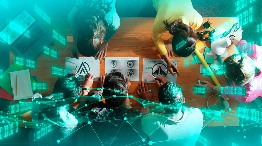 top-view-smart-business-team-put-graphic-logo-meeting-table-symposium