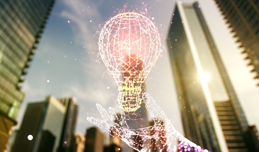 double-exposure-creative-light-bulb-hologram-modern-skyscrapers-background-research-development-concept