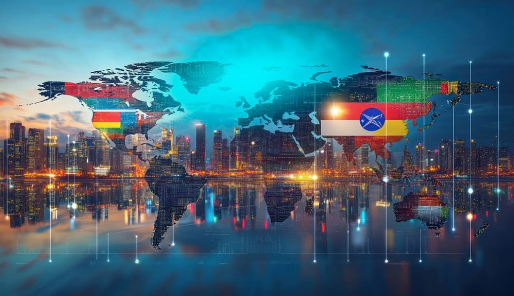 global-connection-international-flags-city-skyline