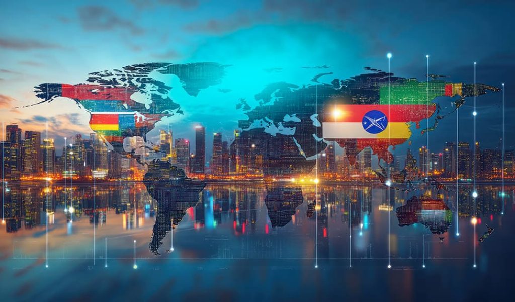 global-connection-international-flags-city-skyline