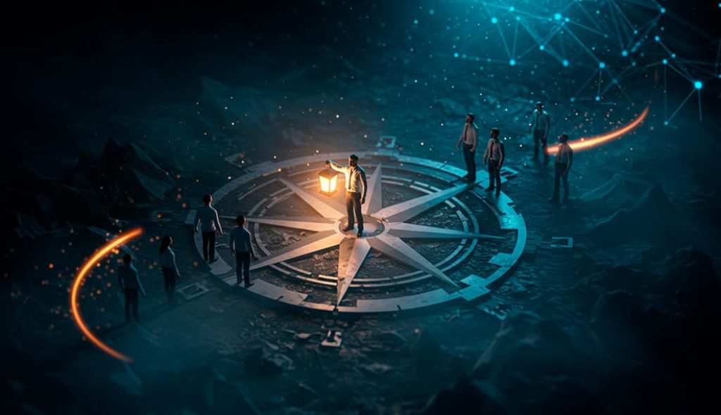 realistic-business-leader-stands-confidently-at-the-center-of-a-large-compass-structure,-holding-a-glowing-lantern