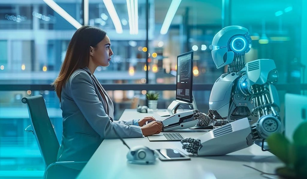woman-working-robot-with-computer-background